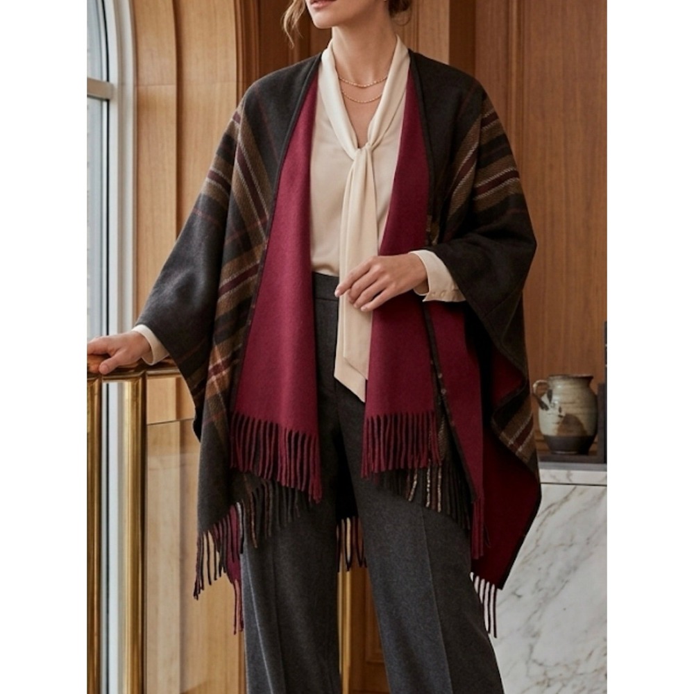 Rachel Rachel Roy‎ Poncho Women OS Brown Plaid Fringe Wrap Excellent Fleece Cozy